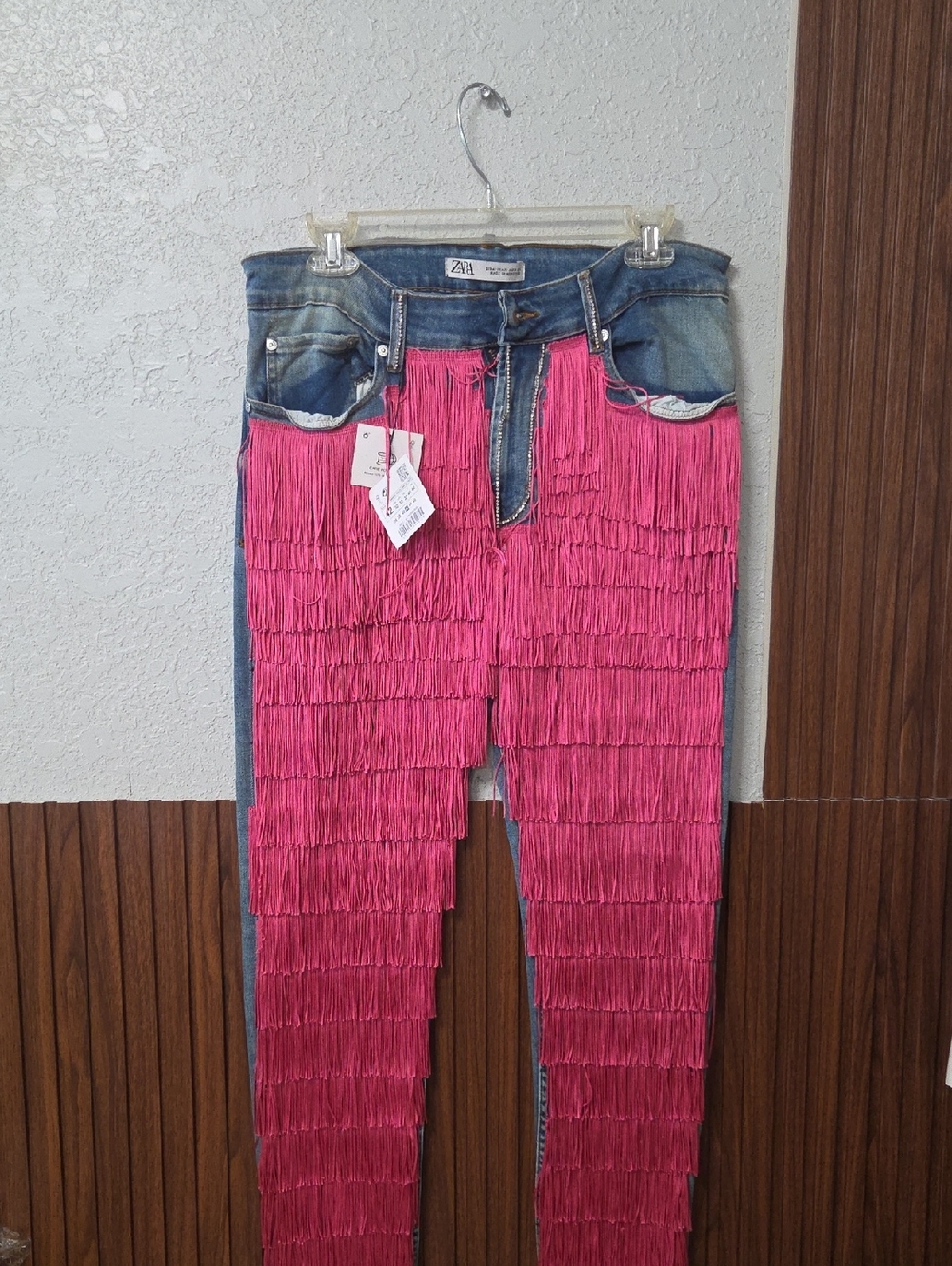 Zara Two-Tone Skinny Jeans with Pink Fringe